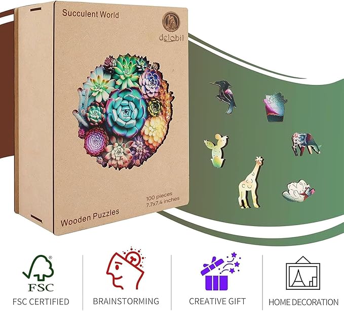 Delobil Wooden Jigsaw Puzzles - Mandala Succulent Plants, 100 Piece Luxurious Shaped Wooden Puzzles for Adults and Kids, Family Game, 7.7'' x 7.4''