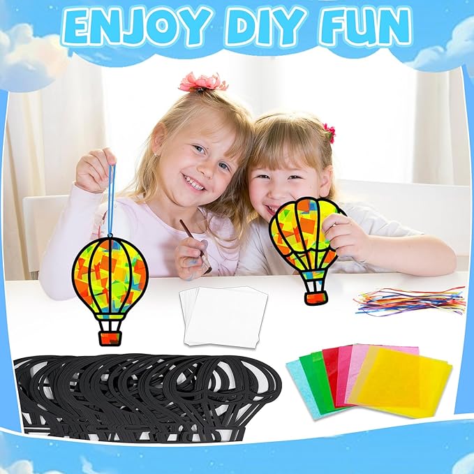 QOUBAI 32 Sets Air Balloons Suncatchers Craft Kit DIY Window Stained Glass Effect Hot Air Balloons VBS Paper Craft Home School Classroom Decoration Kid Birthday Gift Creative Art Project Activity Game