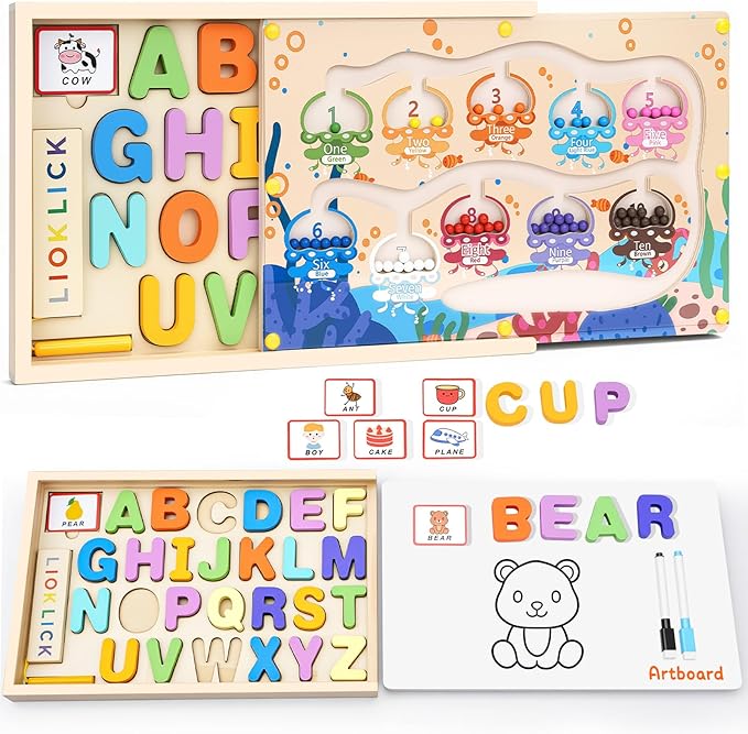 4-in-1 Magnetic Color and Number Maze Toys Box with Alphabet Puzzles Drawing Board, Wooden Storage Montessori Toy for 3-5 Year Old, Toddlers Educational Learning Toy Gifts for Kids Boys Girls