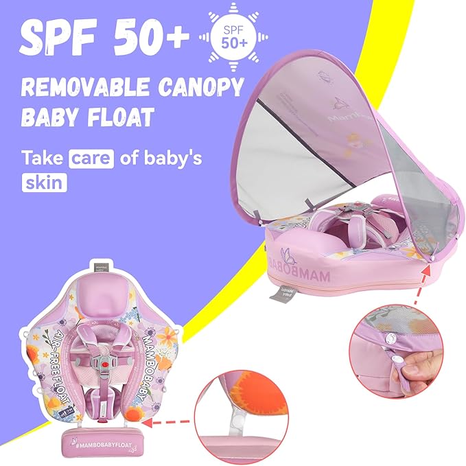 Mambobaby Baby Swim Float with Canopy Non-Inflatable Infant Pool Float with Tail 3-24 Months Avoid Flip Solid Skin-Friendly Material for Toddler Boys Girls