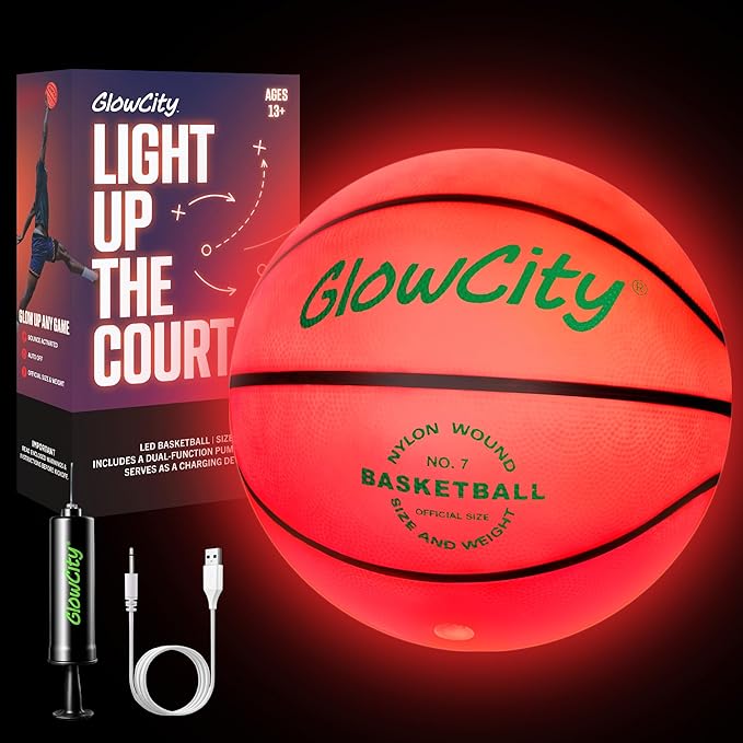 GlowCity Glow in The Dark Basketball - Size 5, 6, 7 Light Up Ball for Kids, Teens & Adults - Night Outdoor Games - Sports Birthday Gifts Ideas for Boys Ages 6 7 8 9 10 11 12 13 14 15
