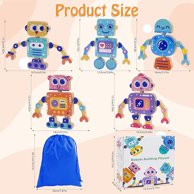 Robots Wooden Snap-Together Building Toys – 28-Piece STEM Montessori Educational Blocks for Toddlers Ages 3–6 | Fine Motor Skills Development | Safe, Durable, Creative Robot Toys Gift for Kids