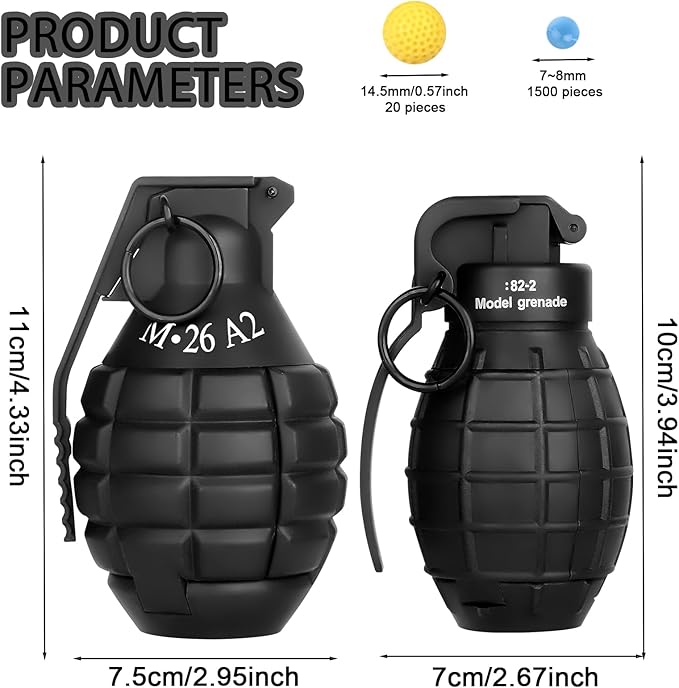 2Pcs Toy Hand Grenade for Tactical Game with 20 Round Ammo Model Battle Fake Grenade Toys for Outdoor Sport Role Play Prop Game,14+ and Adults,Black