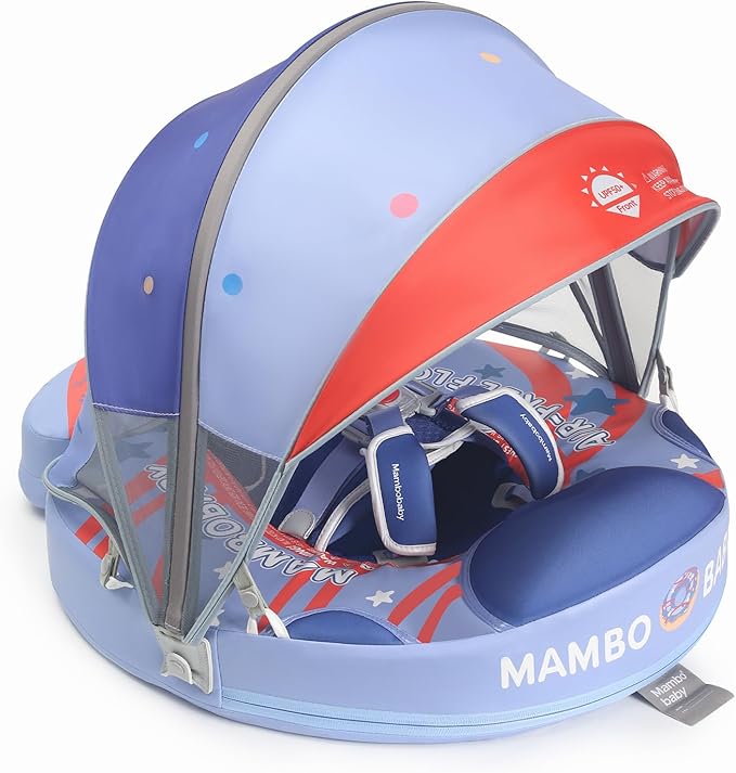 Mambobaby Baby Swim Float with Canopy Non-Inflatable Infant Pool Float with Tail 3-24 Months Avoid Flip Solid Skin-Friendly Material for Toddler Boys Girls