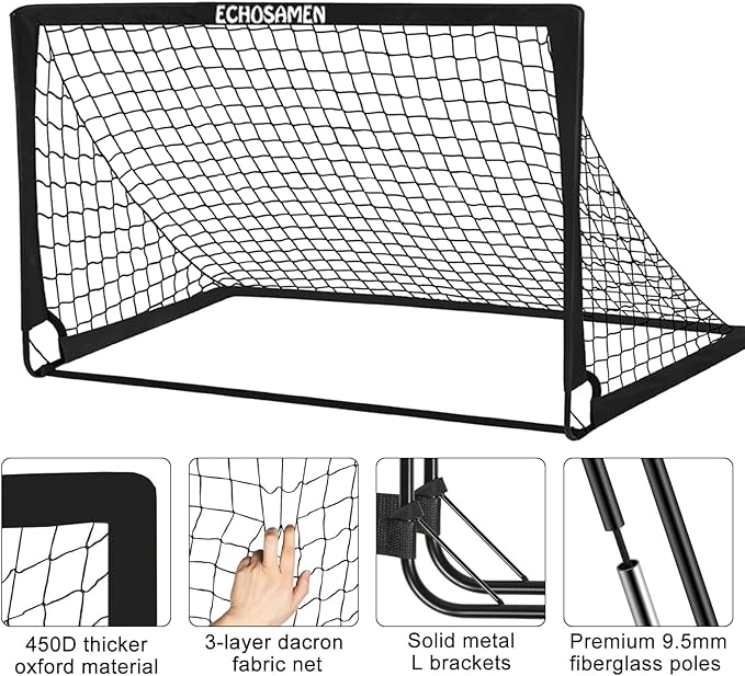 Kids Soccer Goals for Backyard, 2 of 6 x 4 ft Kids Soccer Goal Set Soccer Net with 10 Soccer Cones, Agility Ladder & Carry Bag, Portable Soccer Training Equipment.