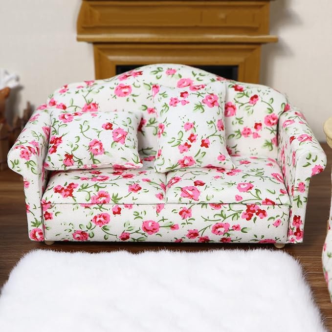 Dollhouse Couch Miniature Sofa with Pillows Dollhouse Living Room Funiture 1:12 Scale Model 3 Pcs High Simulation Upholstered Wooden Fabric Armchair Mini Room Artificial House Scene Decoration (Rose)