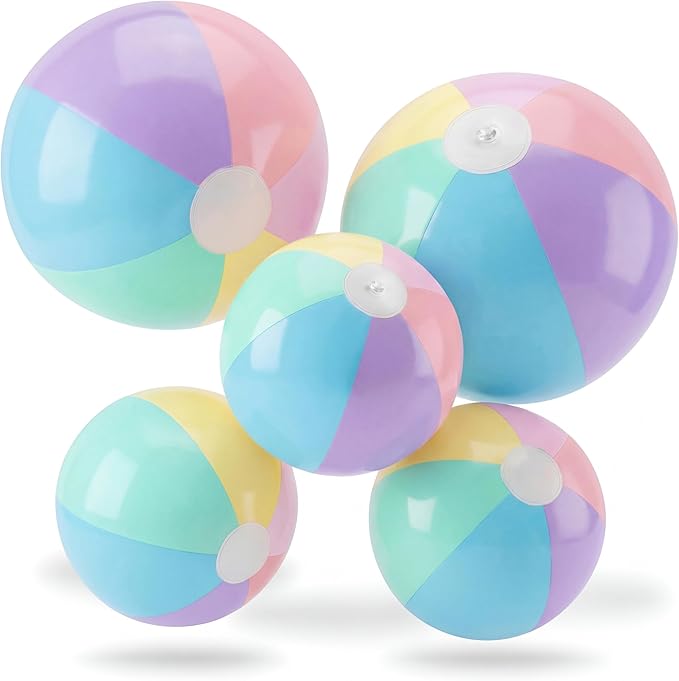 5 Pcs Inflatable Beach Balls 24 & 16 Inch Pastel PVC Large Beach Balls Bulk Blow up Pool Water Game Toy for Kid Adult Birthday Luau Summer Pool Party Favors Decorations(Macarons)