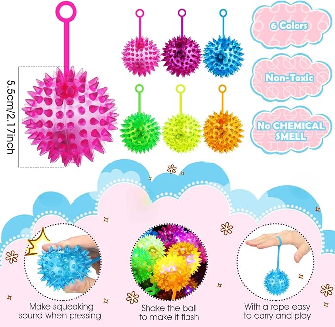 Sotiff 60 Pcs Light up Ball Spiky LED Bouncy Ball Flashing Squeaky Multicolor Puffer Toy Rubber Sensory Toy Carnival Prizes Bulk Party Favors for Teens, Adults, Children