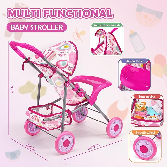 Baby Doll Stroller Set with 12.5" Doll, Baby Dining Table, Backpack with Carrier, 21 PCS Baby Doll Accessories Stroller Toys, 2 Sets Doll Clothes, Feeding Set Girls Toddlers Gifts for Pretend Play