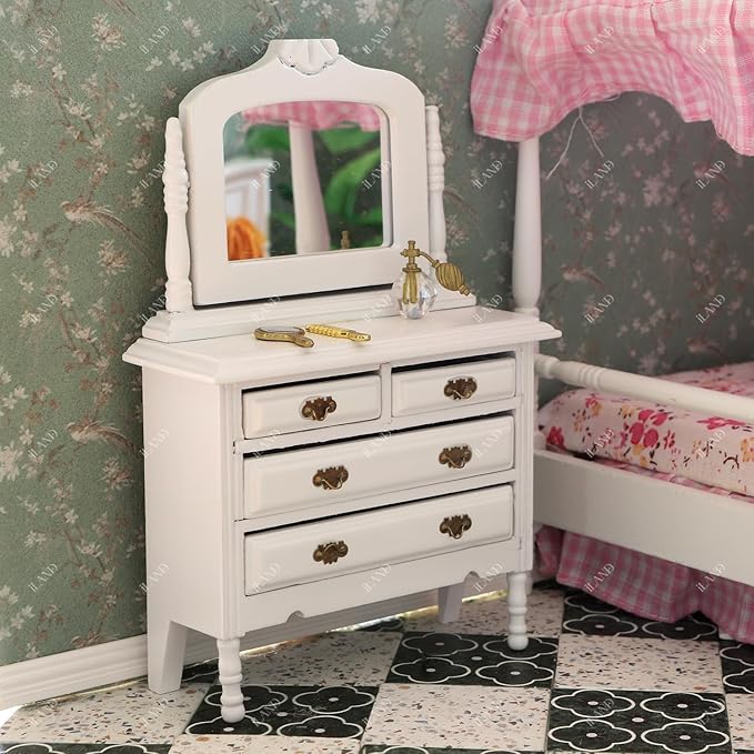 iLAND Dollhouse Furniture Bedroom Set Doll House Mini Bed for Dolls Wooden Miniature Furniture with 1 12 Scale Accessories Pink Dollhouse Accessories Decor