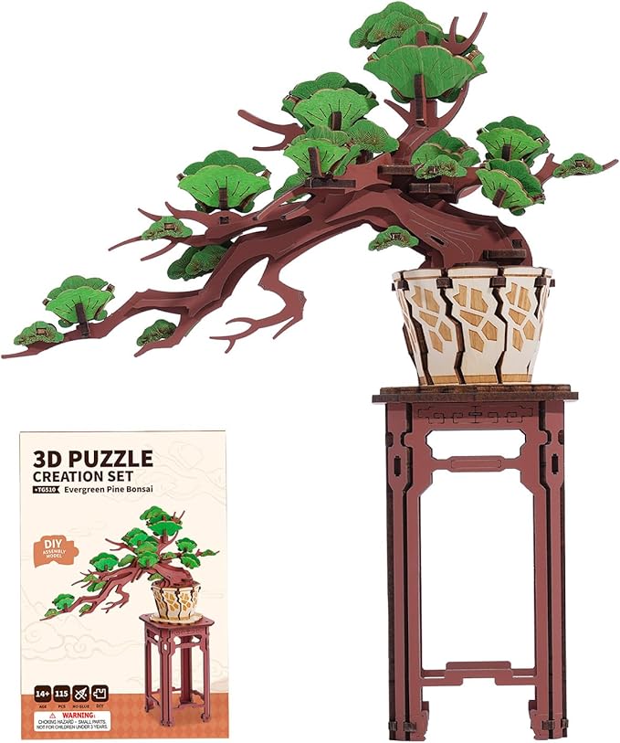 Rowood 3D Wooden Puzzles for Adults,DIY Pine Bonsai Tree Botanical Collection Building Set,Craft Kit Gift for Adults on Christmas Birthday ThanksgivingDay-Evergreen Pine Bonsai