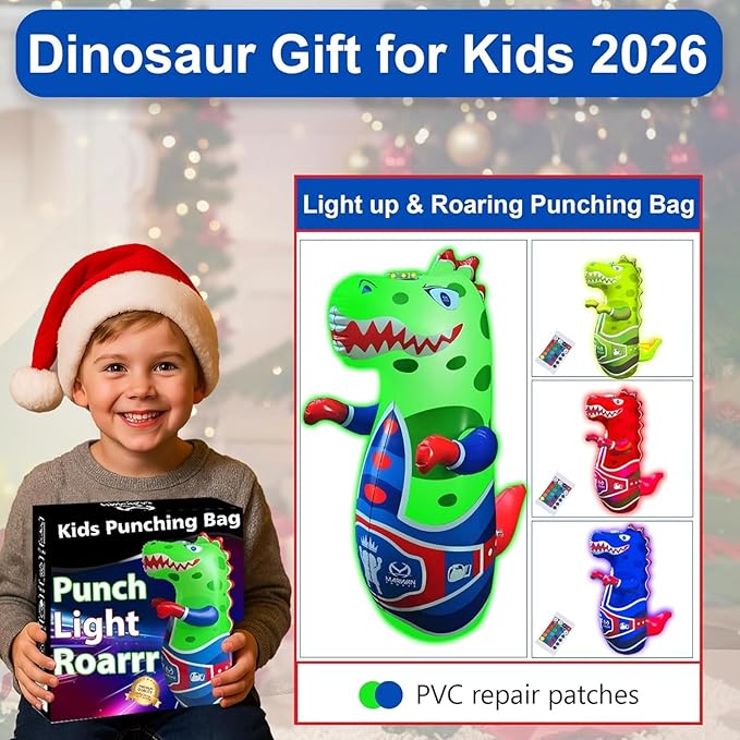 Marwan Sports Punch, Light & Roar Dinosaur Punching Bag – 47" Inflatable Bop Bag for Kids Ages 3-14 | Bounce-Back Toy with Lights & Roaring Sounds | Active Play Gift for Toddlers & Children