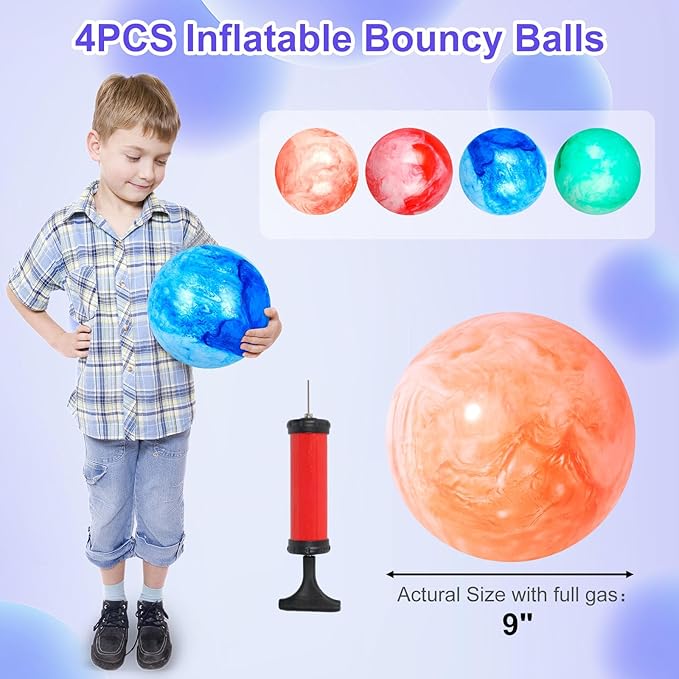 AMOR PRESENT 4PCS Playground Balls for Kids, 9 Inches Dodgeballs Bouncy Balls, Rubber Inflatable Kickball with Air Pump for Indoor Outdoor Sport Games