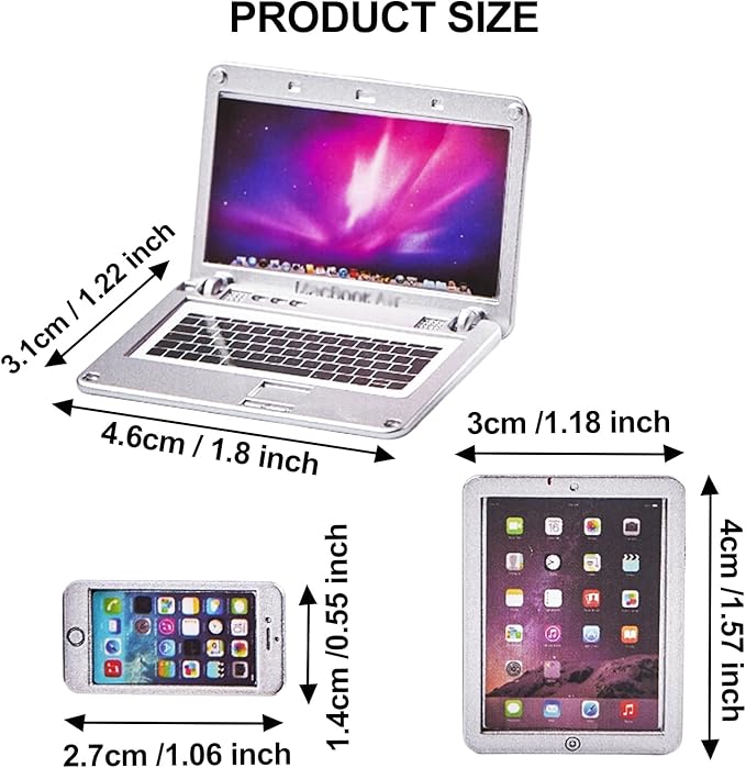 1:12 1:6 Scale Dollhouse Decor Accessories Laptop, Miniature Laptop Tablet Smart Phone Stuff Doll House Mini Play Set Accessories (Silver)