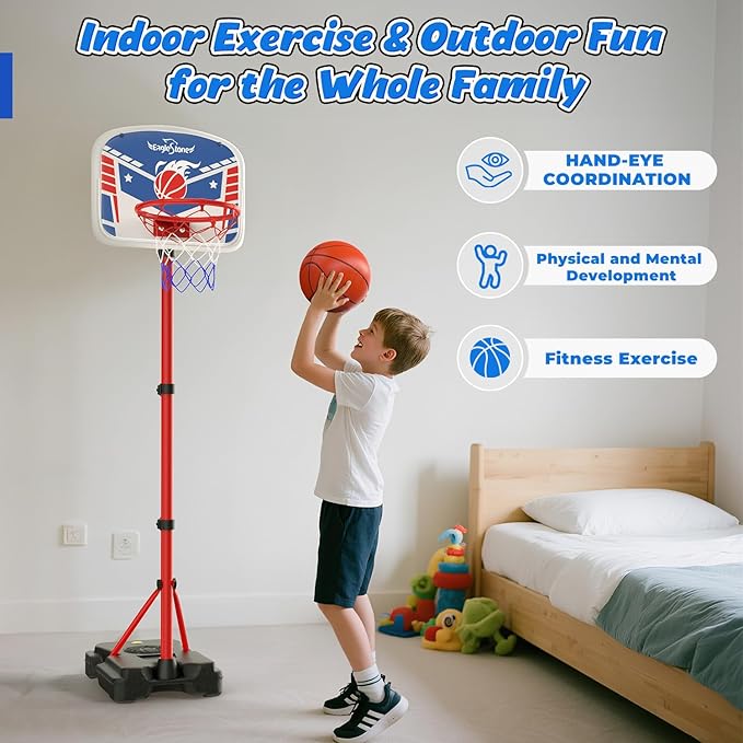 EagleStone Kids Basketball Hoop with Stand, Adjustable Height Basketball Set Toddler Toys for Boys and Girls Age 3-12, Indoor Outdoor Backyard Sport Game Gift with Sandbag for Stability