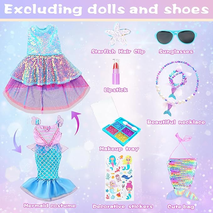 American 18 Inch Doll Makeup Accessories and Mermaid Clothes Set,Included 2 Pieces Clothes,Mermaid Messenger Bag,Starfish Hairpin,Lipstick,Necklace,Bracelet,Eye Shadow and Sticker(NO Doll and Shoes)