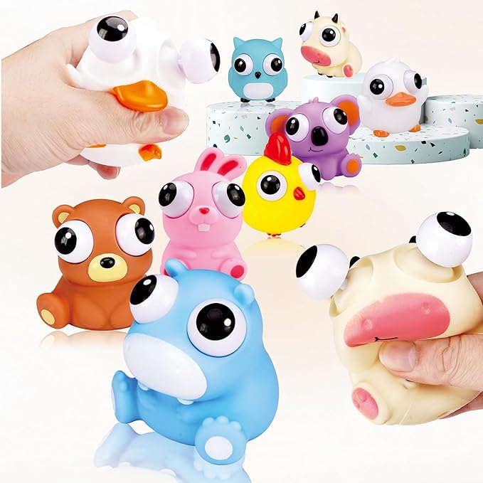 Animal Squeeze Toys with Pop Out Eyes Eye Popping Stress Relief Toy Balls Fun Fidget Gagdets for Kids Birthday Party Favors 8 Pack