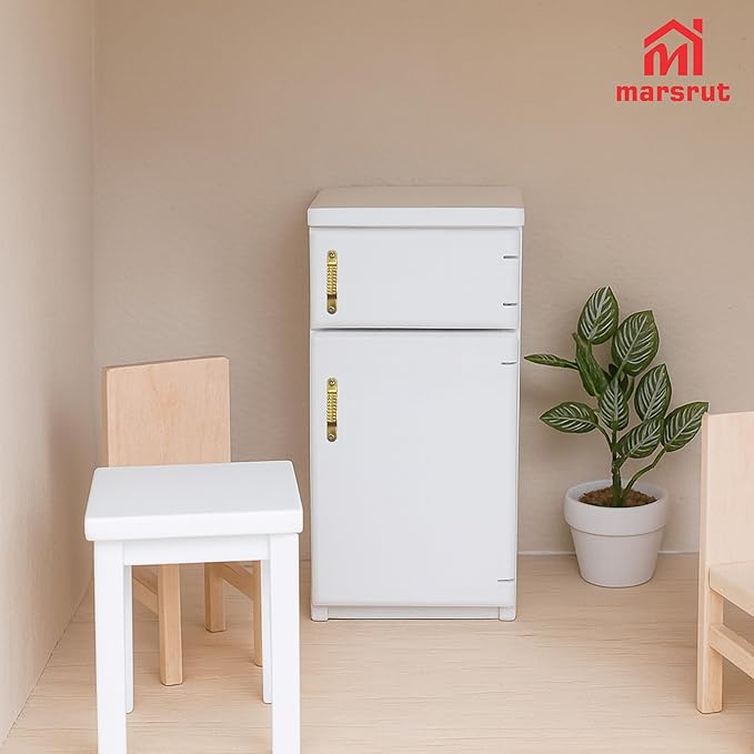1/12 Scale Dollhouse Refrigerator Miniature Fridge Kitchen Furniture Wooden Doll House Mini Accessories Living Room Dining Decoration Modern Playhouse Decor Prop Model, White (2.4x2.1 x5.2inch)