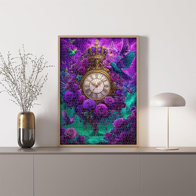 Fantasy Puzzles for Adults 1000 Pieces, Magic Landscape Clock Purple Flower Rose Jigsaw Puzzle, Bird Animal Colorful Challenge Puzzle