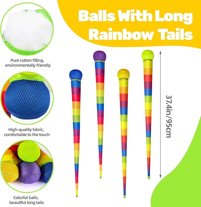 2 Pcs Throw and Catch Balls with Rainbow Tails, Outdoor Toys Bulk Playground Balls for Kids Adults, Physical Equipment Indoor Recess Games for Preschool, Camping Toys, 37"