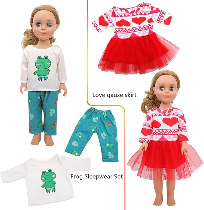 MSYO 10 Sets (16 Pcs) Doll Clothes for 17-18 Inch Dolls, Frog Print/Angel Tee/Floral Dress Variety, Cute Outfits for Play & Gifting