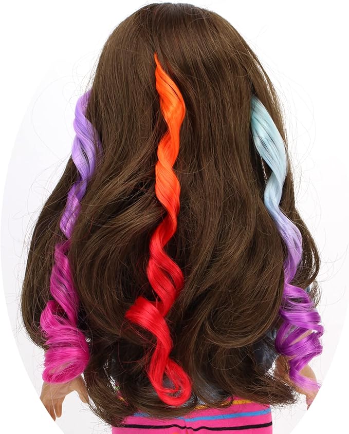 Sophia's Set of 3 Dress Up Fun Long Curly Colorful Ombre Rainbow Clip-in Hair Extensions for 18” Dolls, Aqua/Orange/Lavender