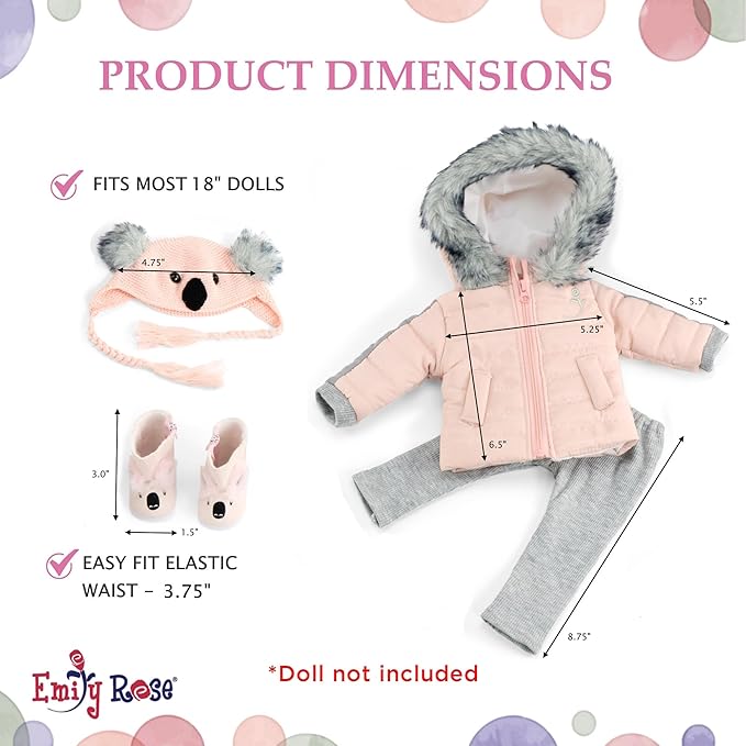 18 Inch Doll Winter Clothes Set - 4PC Koala Snow Jacket Coat Outfit with Matching Hat & Boots Compatible with American Girl, Our Generation, My Life As, & Adora Dolls – Kids USA Brand
