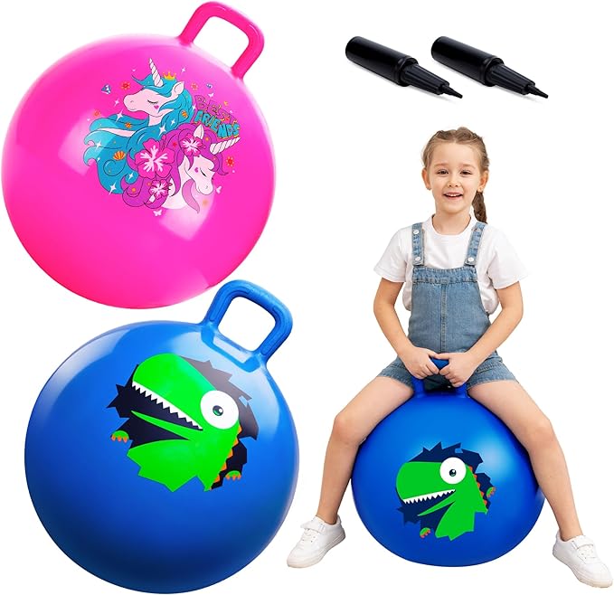 ZOOJOY Hopper Ball 2 Pack, 18 in Bouncy Ball with Handle for Kids, Unicorn & Dinosaur Girls Boys Toys Indoor Outdoor, Best Easter Basket Stuffers Gifts for 3 4 5 6 7 8 Yr Old Active Play Toys