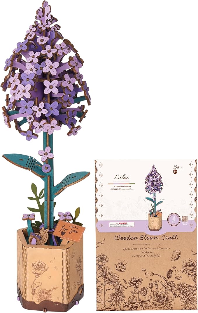 ROBOTIME Wooden Flower 3D Puzzle TW021 Lilac, Purple Gifts Idea, 30-Minute Crafts for Adults & Teens, Artificial Flower Decorations, Birthday/Valentine's Day