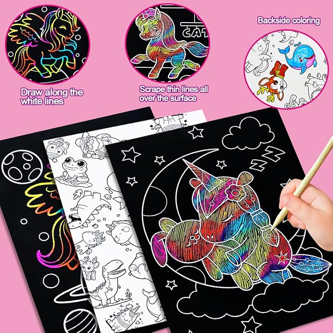 JUNQIU Scratch Art for Kids, Rainbow Scratch Paper Art Set - Unicorn, Arts and Crafts for Girls Boys Ages 4-8, Kid Activity & Christmas Crafts, Stocking Stuffers for Kids
