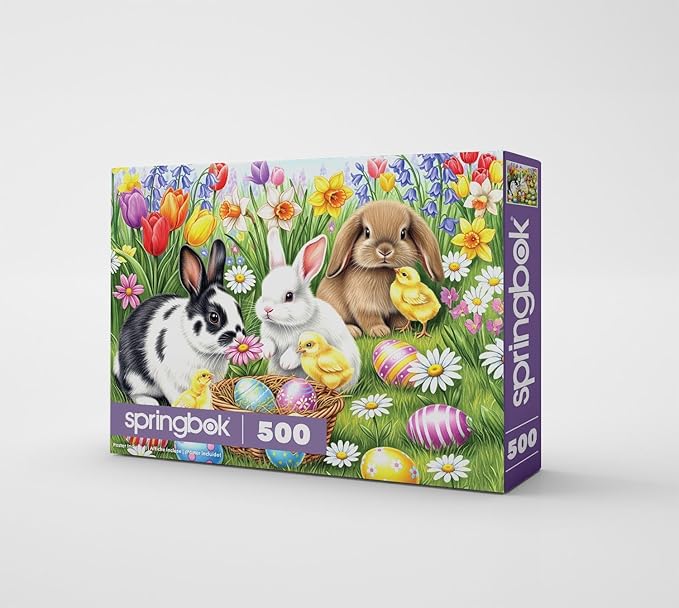 Springbok Three Easter Bunnies 500 Piece Jigsaw Puzzle for Adults – Poster Now Included - Spring and Floral – Unique Cut Pieces – Made in USA