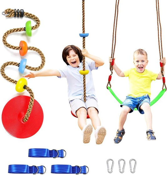 Tree Swing Climbing Rope 2 Pack Multicolor with Platforms Red Disc Swings Seat - Outdoor Playground Set Accessories Tree House Flying Saucer Outside Toys - Bonus Carabiner and 4 Feet Strap
