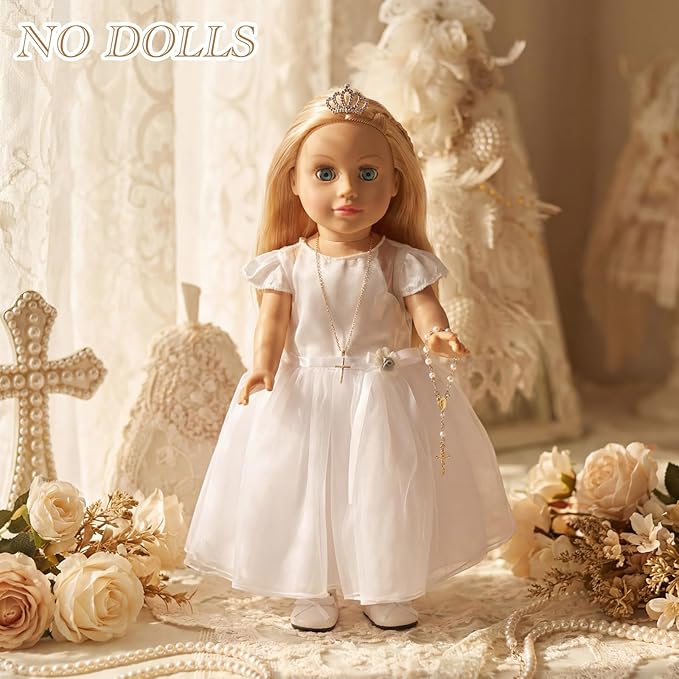 RoundFunny 7 Pcs 18 Inches American Doll Clothes Outfit First Communion Dress with Matching Headband Veil Bracelet Shoes Socks Necklaces Fit 18 Inches Dolls, Doll Not Included(Crown)