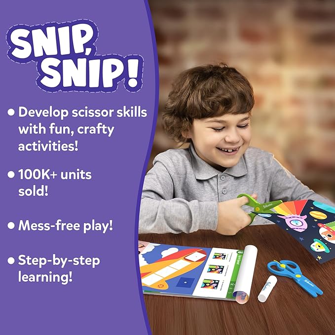 Skillmatics Scissor Skills Activity Book - Snip Snip, 25 Fun Cutting & Creative Activities for Preschoolers, 2 Child-Safe Scissors, Fine Motor Skills, Felt Craft Kit, Gifts for Kids Ages 3, 4, 5, 6, 7
