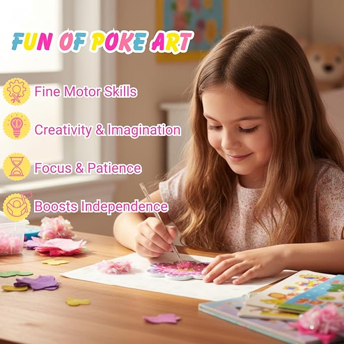 SOLDAY Poke Art Kits for Kids to Make Your Own Flowers Bouquet, Craft Kit with 6 Flowers, 8 Cute Hanging Charms, Mother Day Birthday Christmas Gift for Girls & Boys Ages 4-8