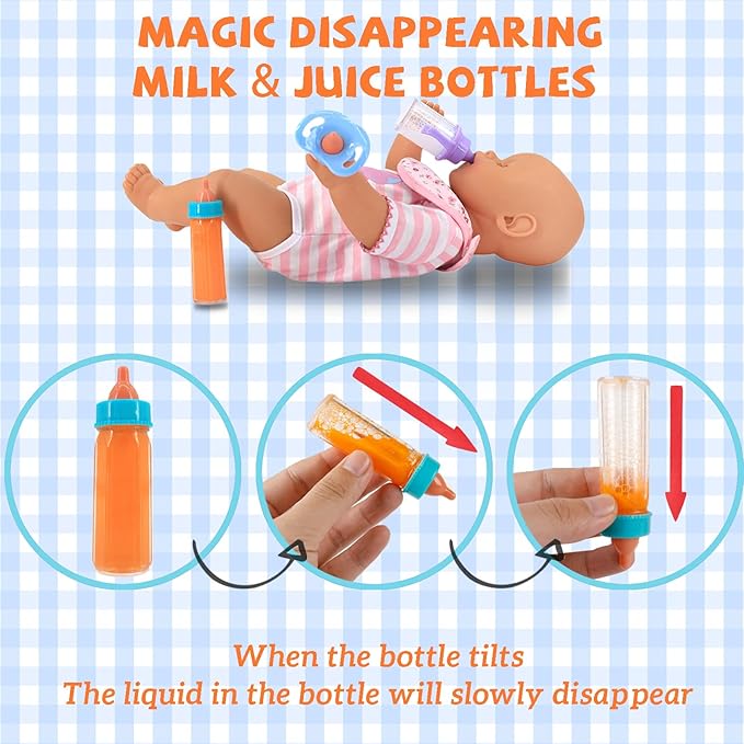 7 Pcs Baby Doll Accessories, 4 Doll Diapers for 14-18 Inch Doll, Magic Disappearing Milk & Juice Bottles with Toy Pacifier for Reborn Baby Doll Diapers and Feeding Bottle Toys Reusable
