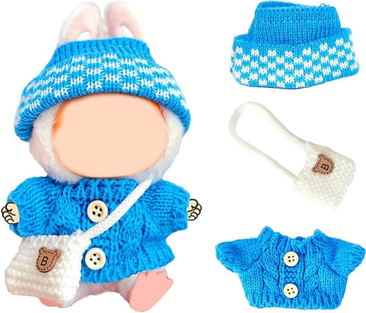 17cm Doll Clothes Set for Lububu,Cute Outfits with Hand-Crocheted Blue Sweater , Hat and Mini Bag, Designer Clothing and Accessories for 15cm Have a Seat Series Doll Display and Dress-Up