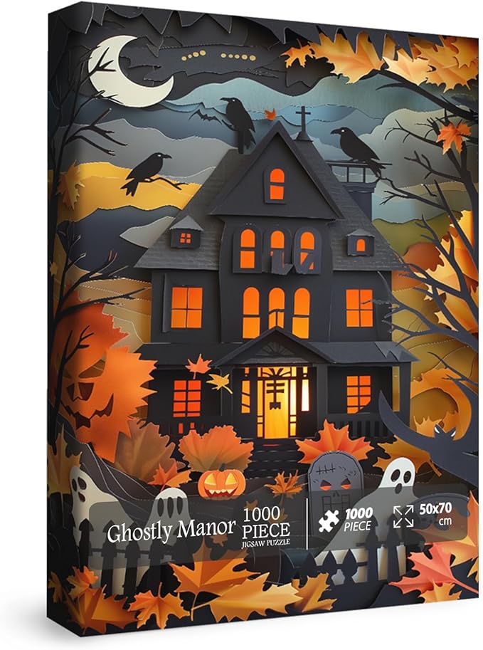Halloween Puzzles Paper Cut Art Puzzle 1000 Pieces for Adults, Horror Jigsaw Puzzle Scary House, Ghost Autumn Collage Puzzle for Family Decorations