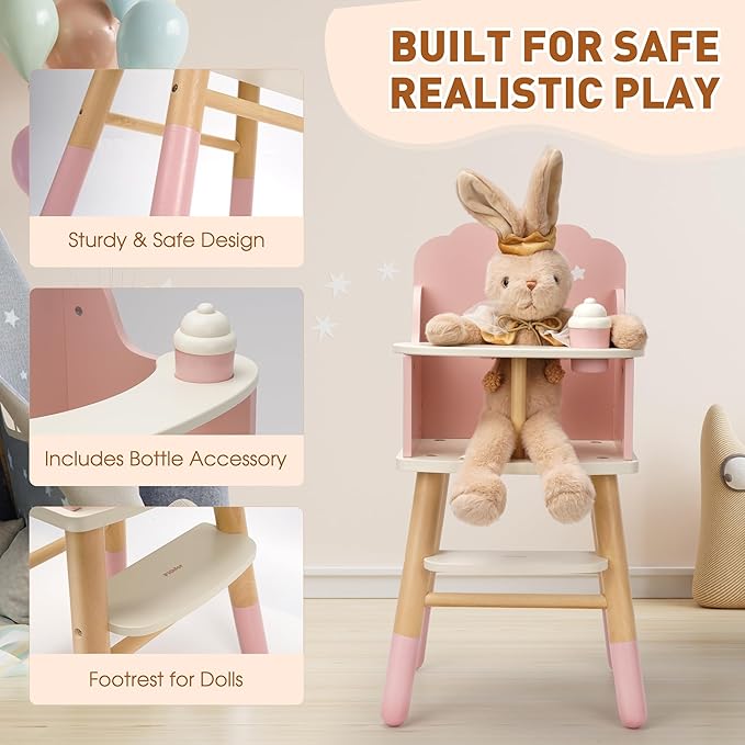 Pithfor Wooden Baby Doll High Chair, Doll Furniture, Fits Up to 18 inch Baby Dolls, 18 inch Doll Accessories - Pink