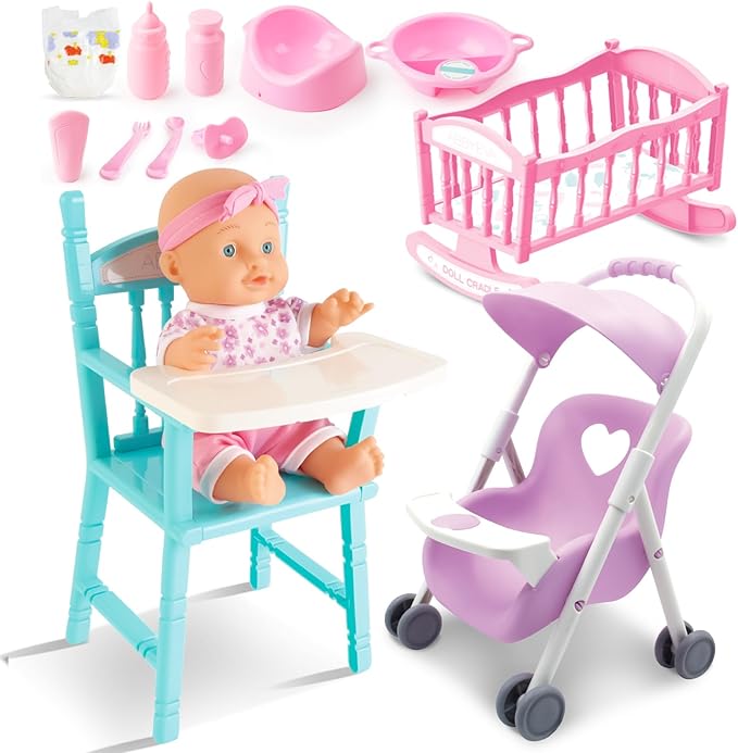 deAO Baby Doll Set Play Set Includes Miniature Crib,Mobile High Chair Stroller,12PCS Baby Doll Accessories,Great Pretend Play Gift for 3+ Years Old Kids Girls Boys S