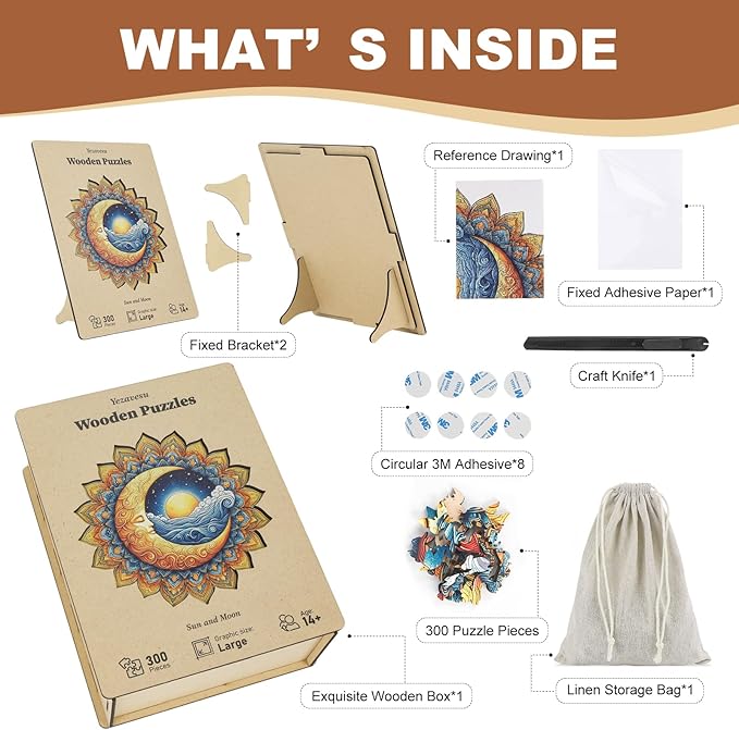 300 Pieces Sun and Moon Wooden Puzzles for Adults, Moon Unique Shaped Wooden Jigsaw Puzzles for Adults, Irregular Adult Wood Puzzle Creative Gift for Family Game