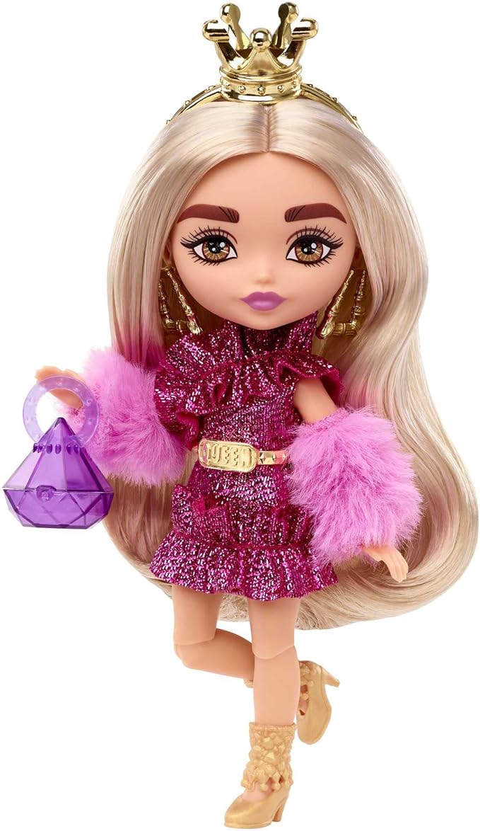 Barbie Extra Minis Doll & Accessories with Blonde Hair Wearing Shimmery Dress & Furry Shrug, 5.5-inch