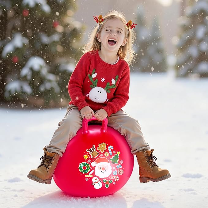 ZOOJOY Hopper Ball for Girls & Boys 3-8 with Free Hair Clips, Santa Claus Red 18in Bouncy Ball with Handle for Kids, Christmas Hopping Toys Indoor and Outdoor Play Includes Pump