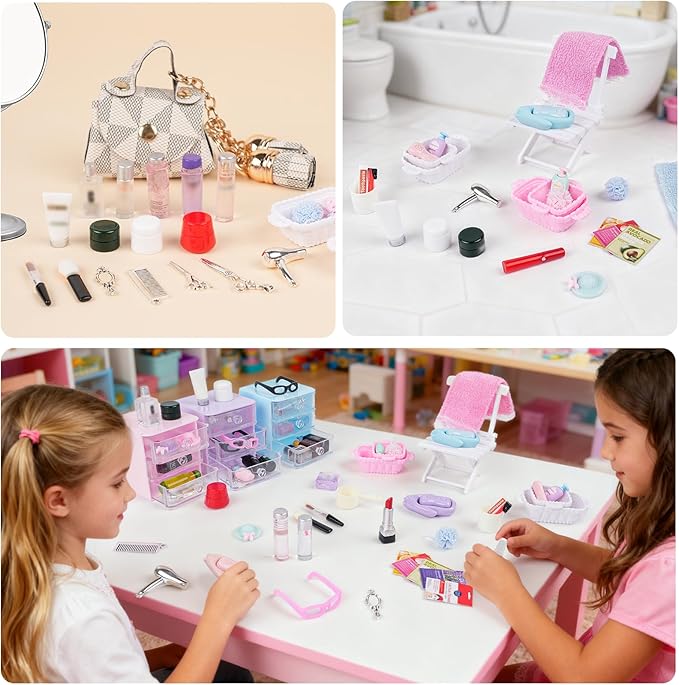 BeadRiver 77Pcs Dollhouse Bathroom Accessories Set - Miniature Makeup & Toiletries with Storage Cases, Handbag, Hair Dryer - 1:12 Scale Doll House Decor for Girls