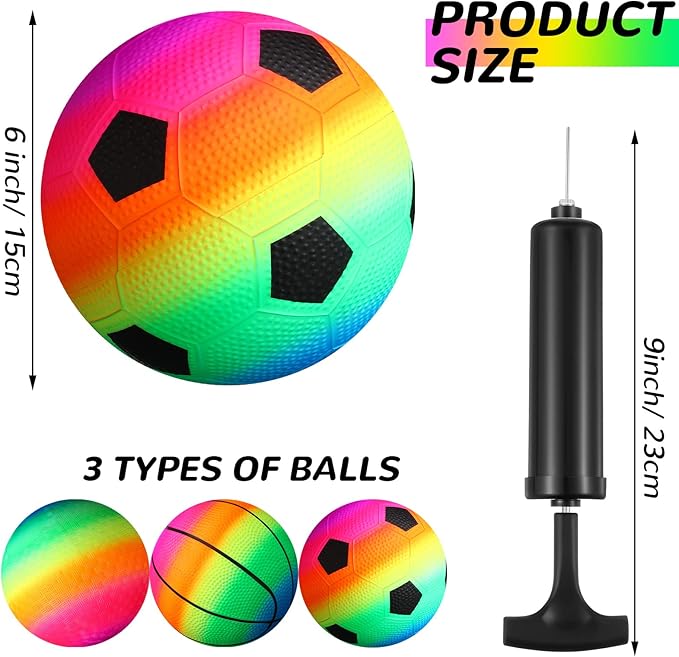 Lenwen 15 Pieces Rainbow Playground Sports Balls for Kids with 1 Hand Pump 6 Inch Inflatable Ball Basketball Soccer Kickball Dodgeball for Kids Teenagers Over 6 Indoor Outdoor Schoolyard Ball Games