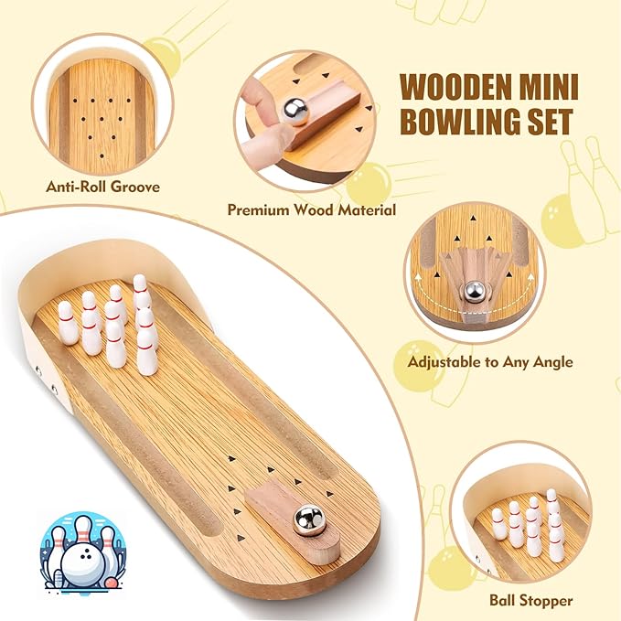 Mini Bowling Set, Wooden Portable Tabletop Bowling Game for Kids, Indoor/Outdoor Family Party Game, Gift for Boys and Girls
