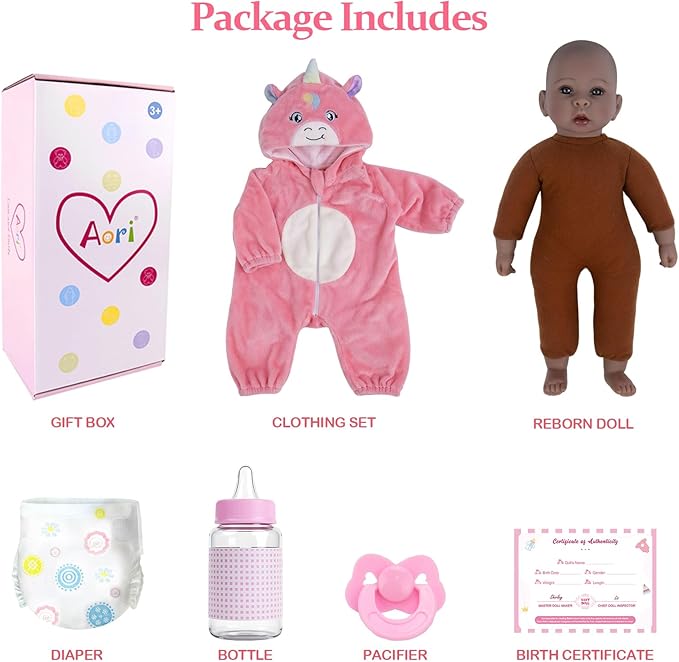 Aori 17 Inch Black Baby Dolls Realistic Black Doll with Light Weighted Soft Body & Pink Outfits for Girls 3+ | Pretend Play, Dress Up, Nursery Decor