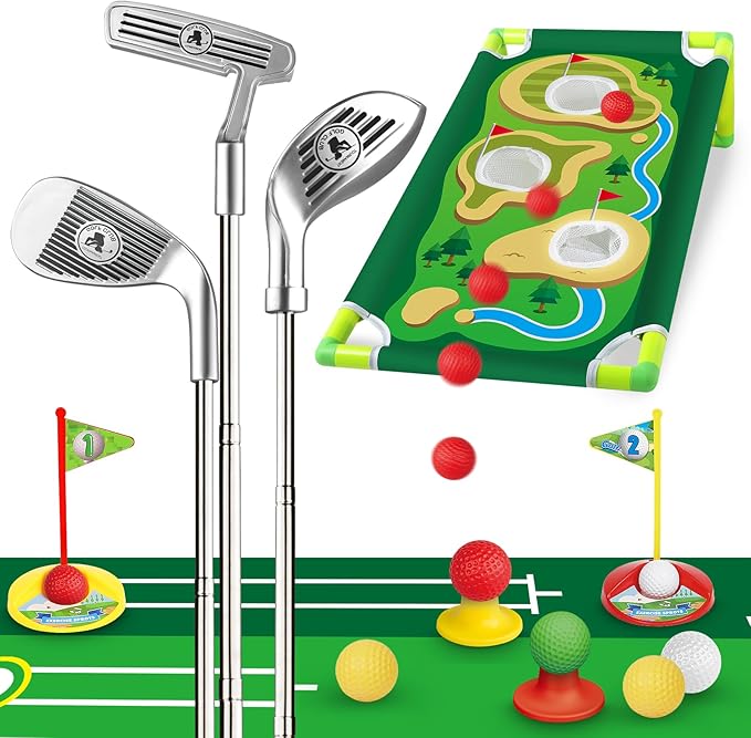 Letapapa Toddler Golf Set, Golf Clubs Length Adjustable with Mat & Golf Cornhole, Upgraded Kids Golf Clubs with 8 Balls, Indoor & Outdoor Sports Toys Birthday Gifts for 3 4 5 6 Years Old Boys Girls