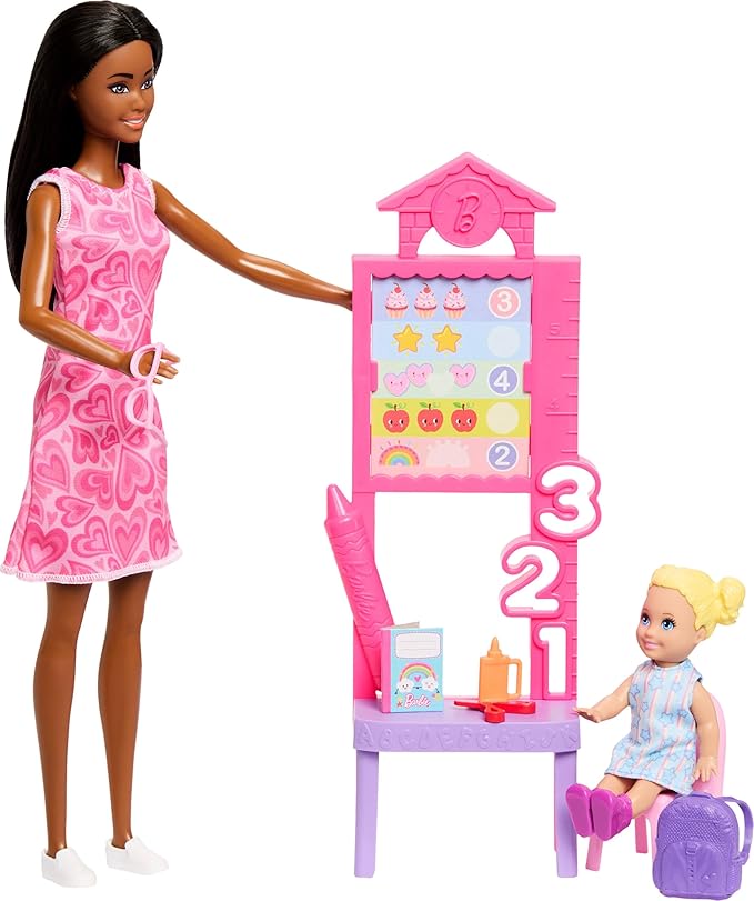 Barbie Careers Teacher Playset with Fashion Doll Wearing Removable Dress, Toddler Small Doll, Classroom Board & Accessories