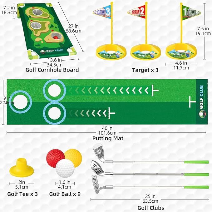 Liberry Kids Golf Set Aged 3 4 5 6 for Boys Girls, Retractable Toddler Golf Clubs Set with Putting Mat & Cornhole Board, Outdoor Indoor Sports Toy Birthday Gifts